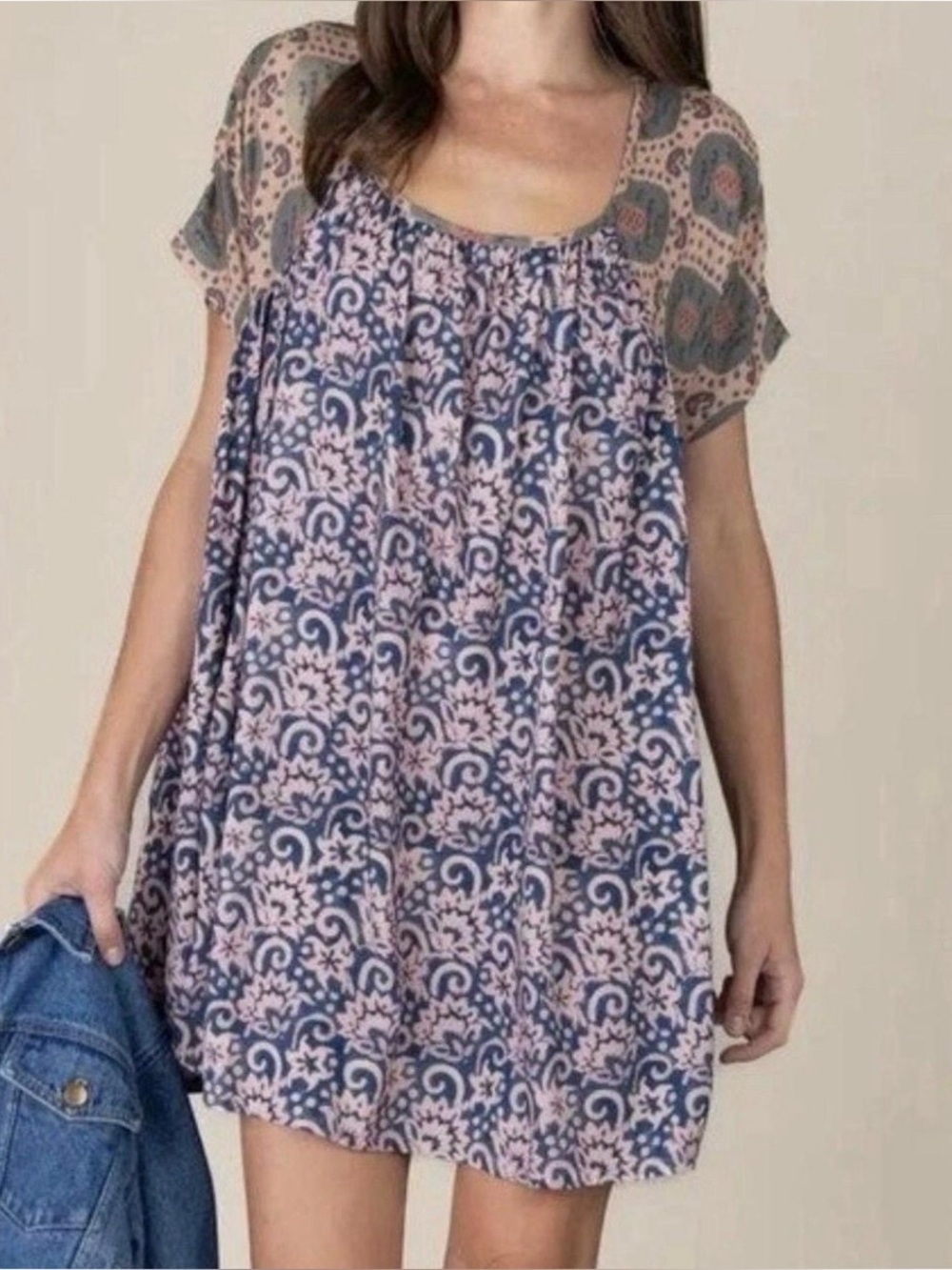 NEW Natural Life Mixed Print Mini Dress Sz XS/S Abstract Oversized Floral Bohemi